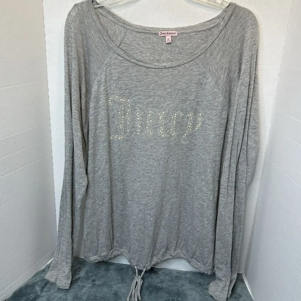 Juicy Couture Women Drawcord Boatneck Pullover Size XL Gray Long Sleeves
